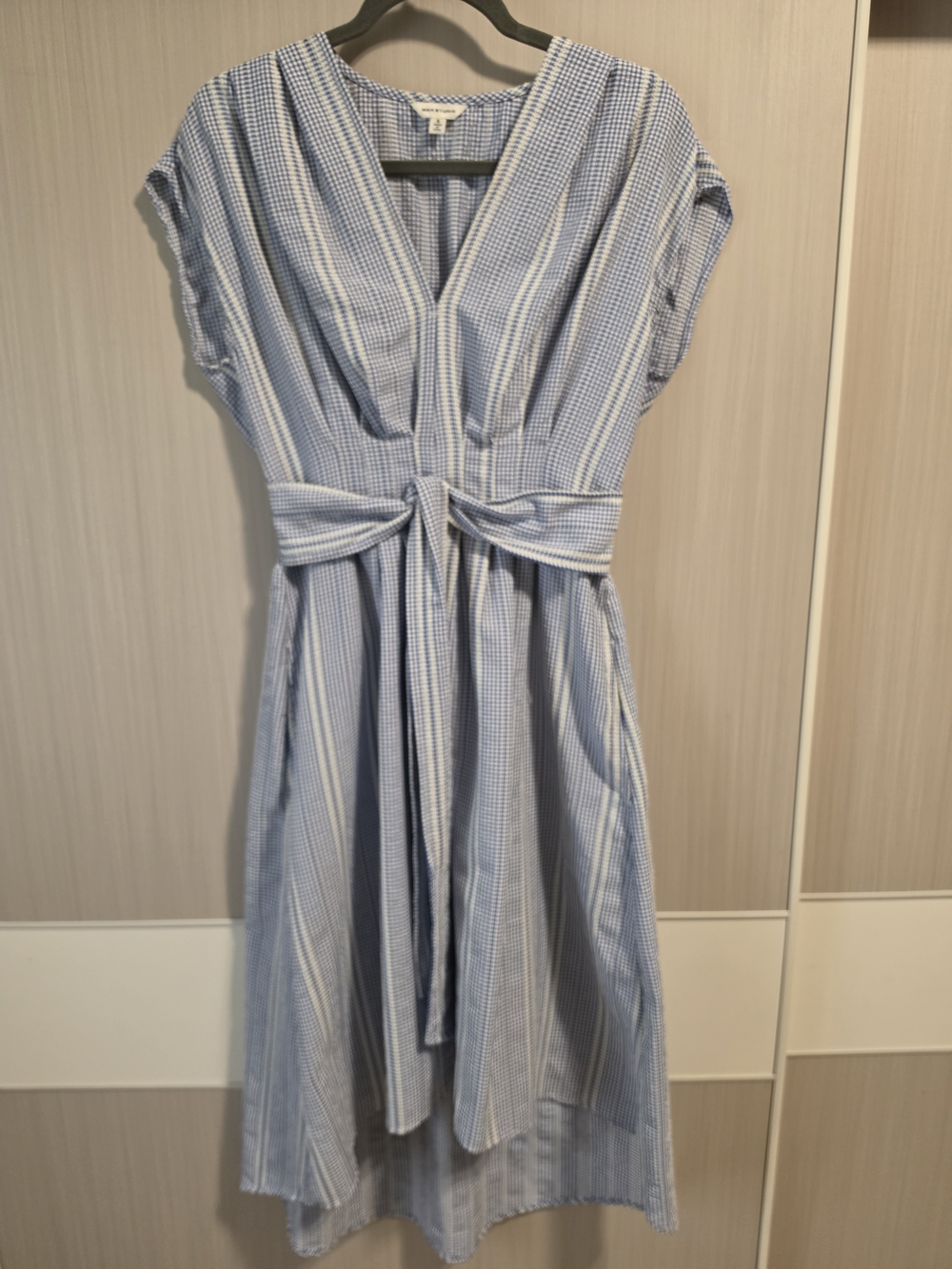 Max Studio Light Blue & White Striped V-Neck Tie-Waist Midi Dress